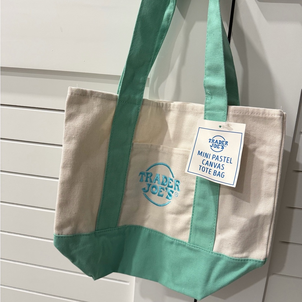 Trader Joe’s Mini Pastel Canvas Tote Bag - Cream with Mint Green